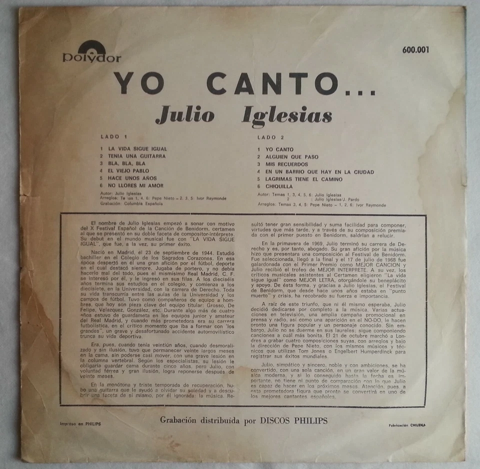 JULIO IGLESIAS YO CANTO DEBUT 1970 MONO SPANISH-SUNG UNIQ CVR RARE CHILEAN PRES  - Image 3 of 4