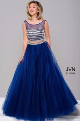 JVN by Jovani JVN30023 Embellished Top Two Piece Dress Sz 10 Blue Navy