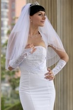 Bridal Wedding Veil Ivory 2 Tiers Elbow Length With Edge Trimmed In Clear Beads