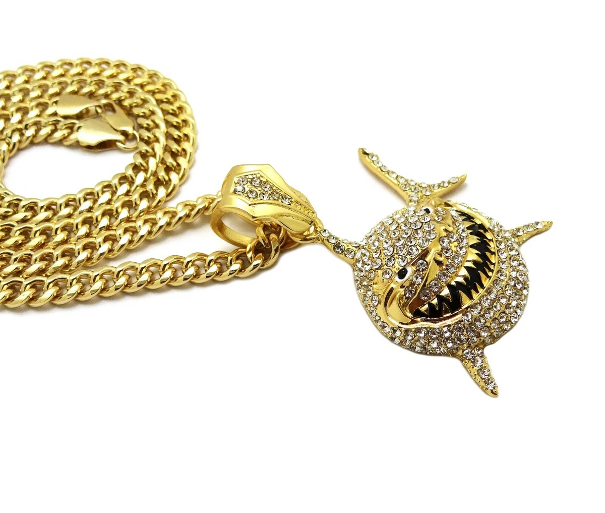 TEKASHI 69 6IX9INE SHARK PENDANT CUBAN LINK CHAIN NECKLACE GOLD HIP HOP GOOBA