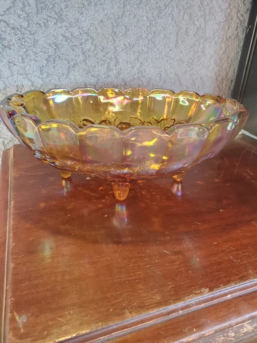 Vintage Oblong Footed Amber Iridescent Carnival Glass Serving Dish Harvest Grape