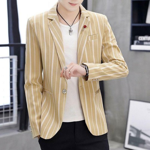 Fashion Mens Black White Striped Lapel Collar Top Blazer Jacket Casual Coat - Picture 13 of 27