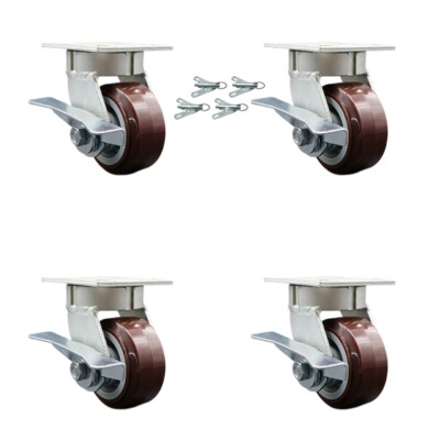 4 Inch KP Polyurethane Caster Set with Ball Bearings and Brake/Swivel Lock SCC