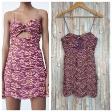 New Zara S Purple Ikat Print Ruched Cutout Fitted Mini Dress Metallic Vacation