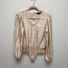 Lulus Formal Bodysuit Pleated V Neck Long Sleeve Peachy Pink Medium NWOT