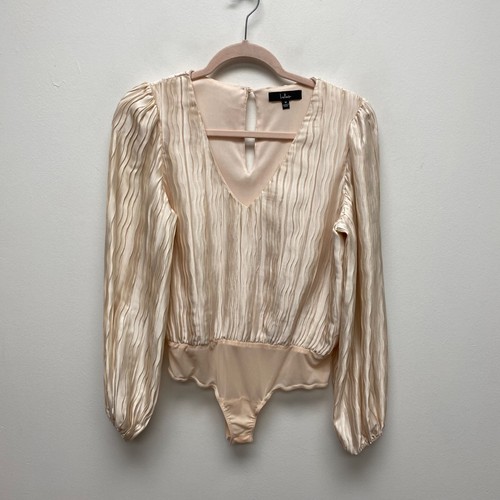 Lulus Formal Bodysuit Pleated V Neck Long Sleeve Peachy Pink Medium NWOT 