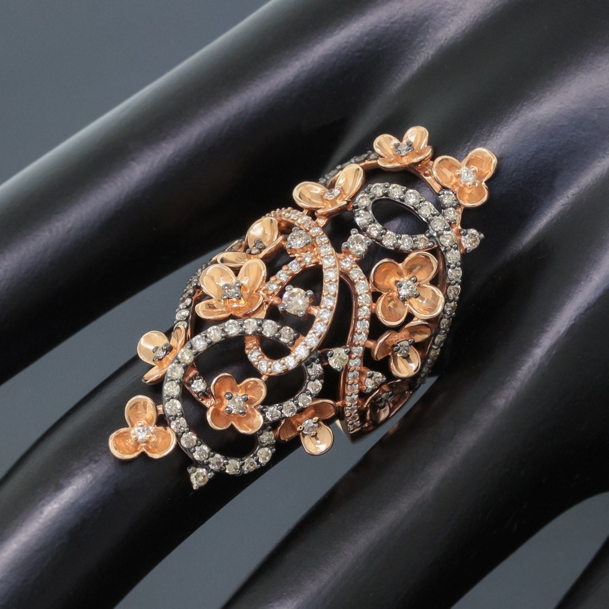 LeVian 14K Gold White Chocolate Diamond Fancy Scroll Flower Ring