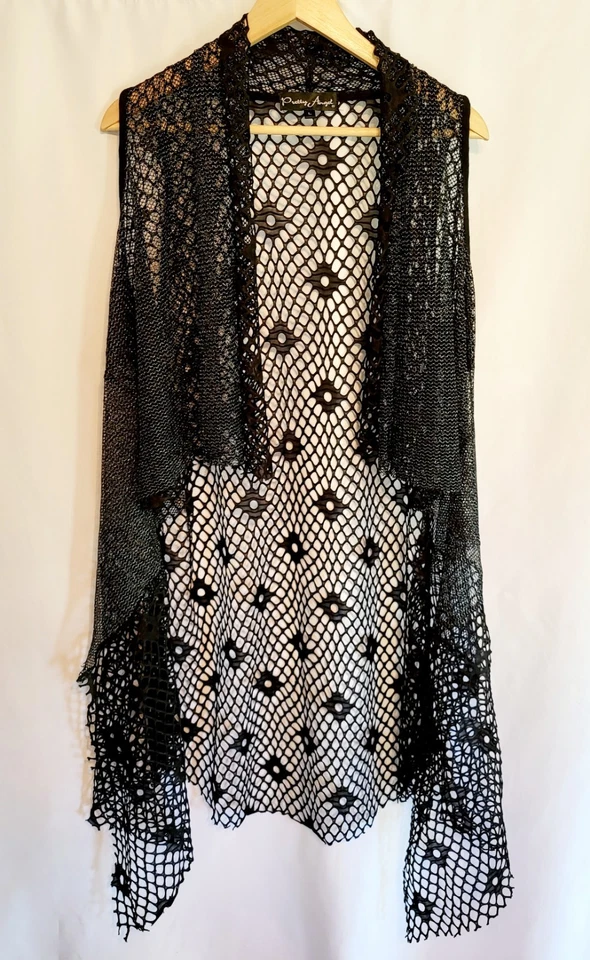 ☆VINTAGE 90s☆Black Silk Mesh Open Cardigan Glitter Sleeveless L Gypsy High-Low - Image 2 of 4