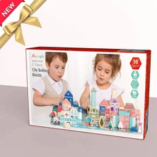 Wooden Building Blocks Set, City Construction Stacker Stacking Preschool Lear...