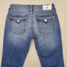 True Religion Slim Straight Jeans Womens 29 Blue Dark Wash Low Rise Flap Pocket