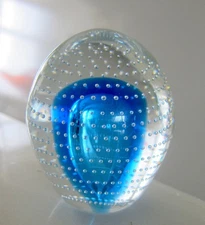 Hand Blown Bullicante Controlled Bubbles Studio Blue  Art Glass Paperweight
