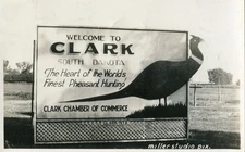 Clark SD RPPC "Welcome To CLARK SOUTH DAKOTA Finest Pheasant Hunting" SIGN