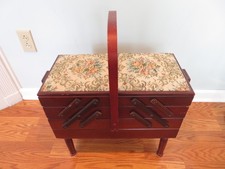 Vintage Antique According Style Wood Sewing Box Cabinet W/Needle Point Lid NICE