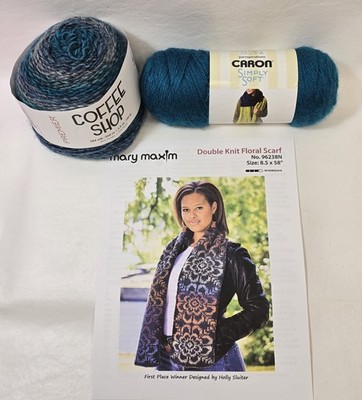 Mary Maxim Double Knit Floral Scarf Kit Turquoise Coffee Shop Pagoda Caron Yarn