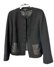 Vintage Talbots Black Wool Boucle Jacket with Faux Leather Pockets Size 10