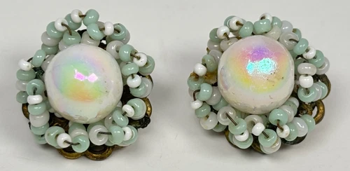 Vintage Miriam Haskell Earrings Baroque Glass Pearl Beads Clip On Brass Goldtone