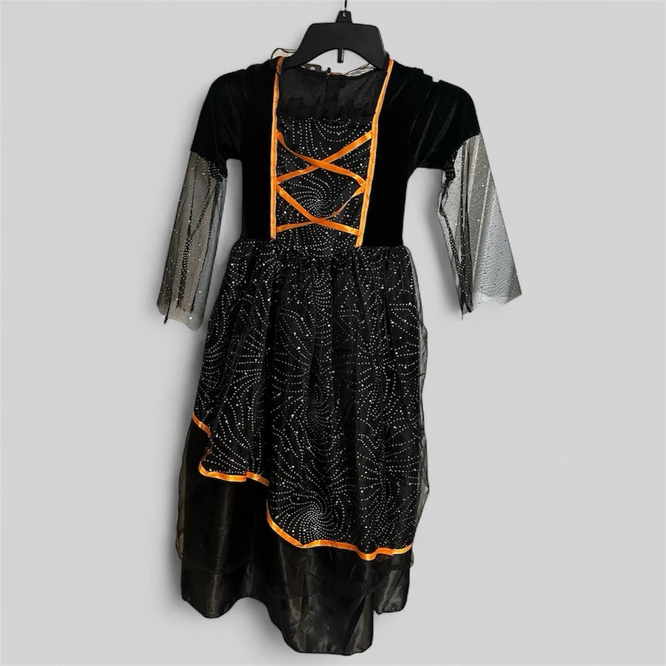 Witch Halloween Costume Girl sz M 8-10 Black & Orange Sequins Dress Up America - Image 2 of 4