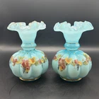 Vintage Set Of 2 Fenton Baby Blue Hand Painted Ruffle Crest Melon Vases