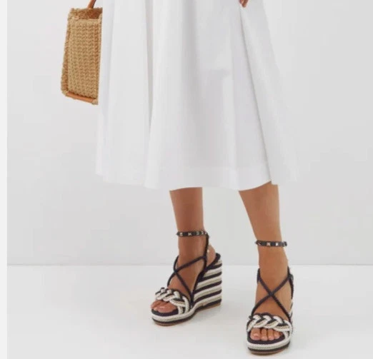 Valentino Rockstud Torchon Blue Stripe Cord Rope Wedge Ankle Strap Sandals 40 - Image 2 of 4