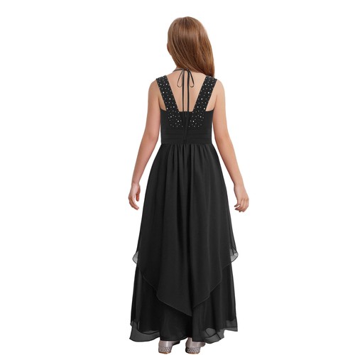 Kids Girls Dress V-neck Sleeveless Pleated Rhinestone Embellished High Waist - Picture 36 of 154