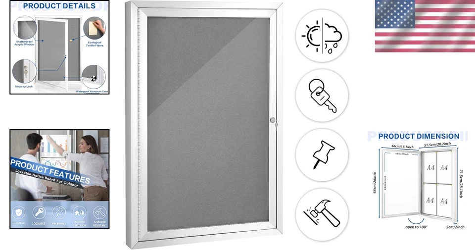 Tablón de anuncios cerrado resistente a la intemperie con puerta de acrílico bloqueable - 28x20 pulgadas Foto 2 de 4
