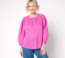 LOGO by Lori Goldstein 100% Cotton Button-Front Shirred Blouse Purple Orchid L N