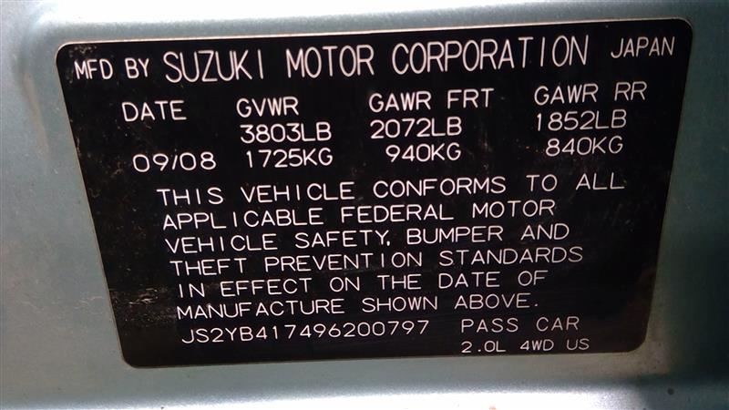 07-13 Suzuki SX4 Right Rear Passenger Interior Door Trim Panel