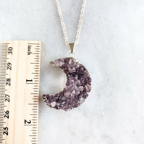 Amethyst Druzy Crescent Moon Necklace - Silver Plated - Geode Necklace Crystal - Picture 6 of 6