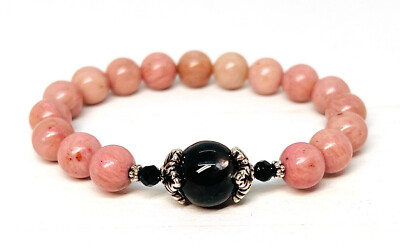 Rhodonite Black Tourmaline Hypersthene Silver Bead Bracelet, Strength, Balance