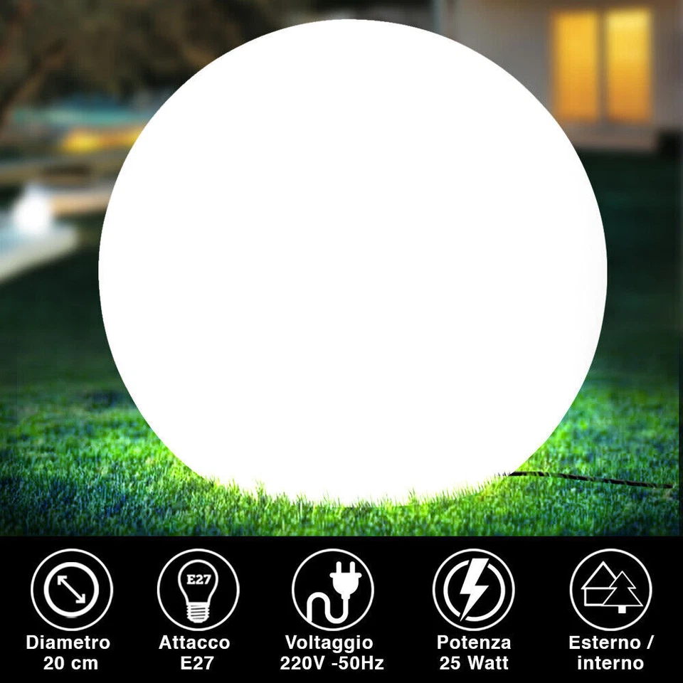 Lampada Sfera da Giardino 20cm Luce Illuminazione Esterno Attacco E27 Bianco - Immagine 2 di 4