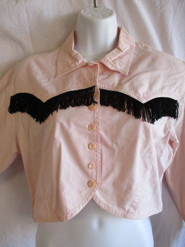 Chaqueta vintage Code Nouveau rosa con flecos negros talla pequeña - Imagen 3 de 8
