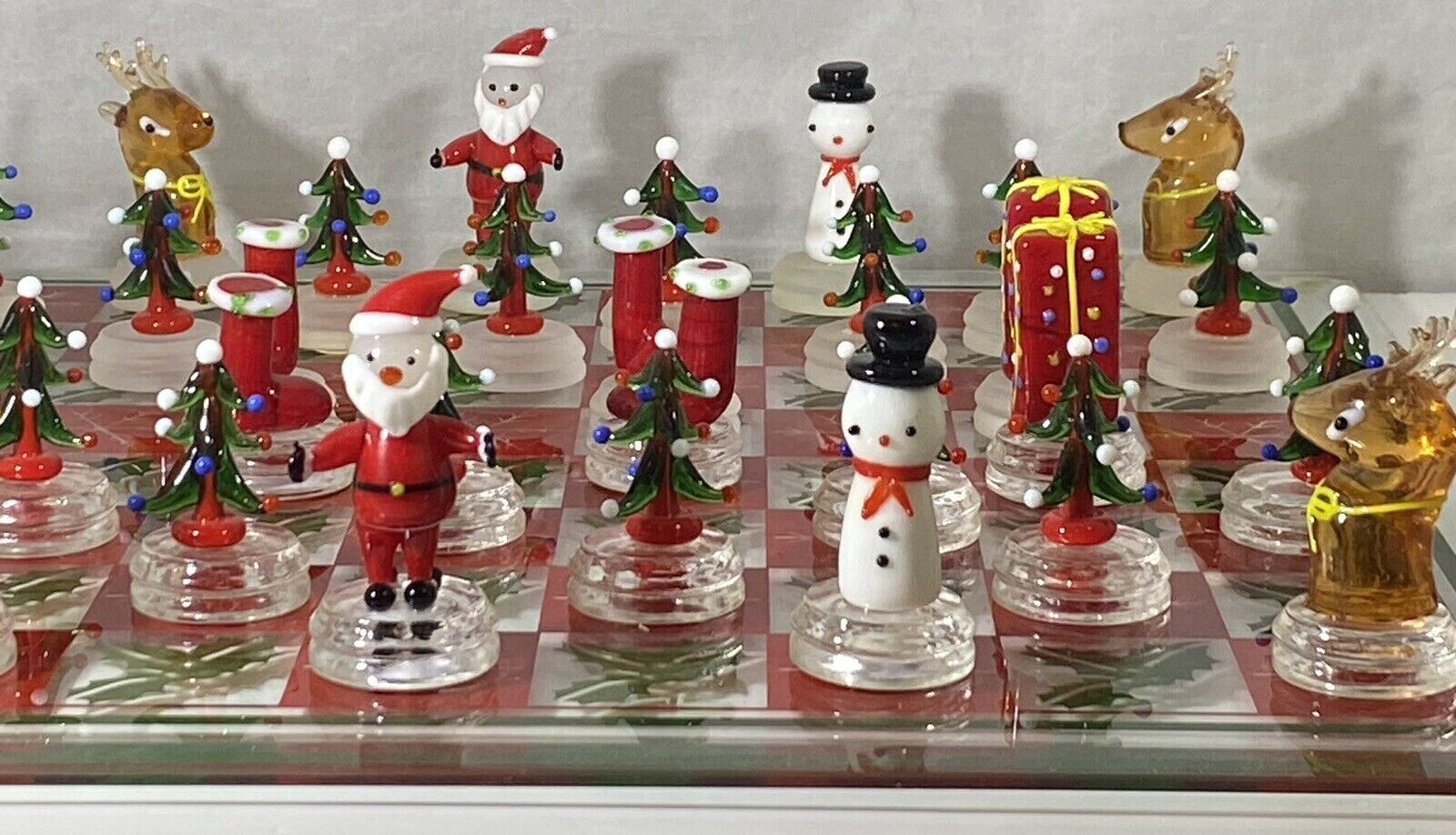 Celebrations 14" Glass Christmas Chess Set Santa Claus Snowman Reindeer