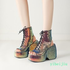 Women Glitter Sequins Platform High Wedge Heel Lace Up Evening Shoes Ladies Pump