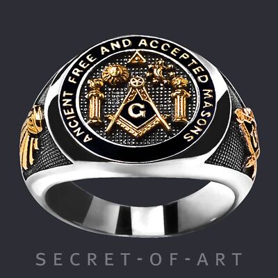 Masonic Ring Freimaurer AF AM Ancient Free 925 Silber 750 Gelbgold-Vergoldung