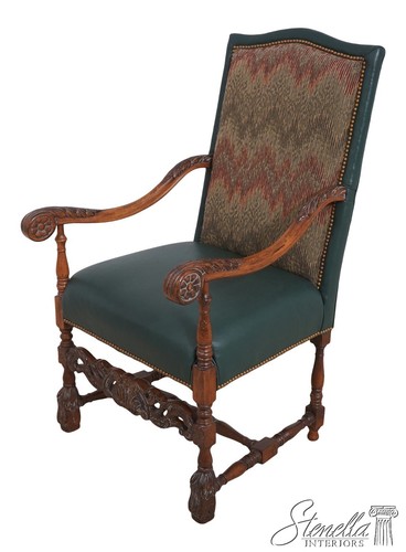 65157EC: WOODMARK Green Leather French Louis XIV Style Throne Chair