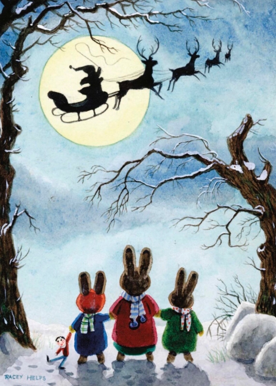 Vintage Nostalgic Christmas Card ~ Rabbits ~ Christmas Eve Bunnies ~ Single