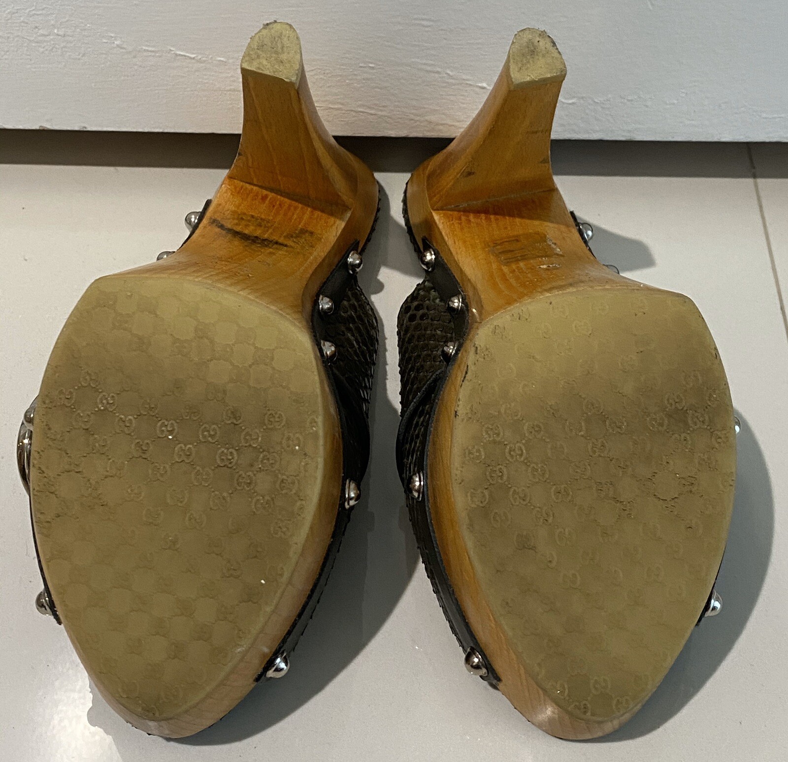 GUCCI GREEN PYTHON SNAKESKIN HORSEBIT WOODEN PLAT… - image 6