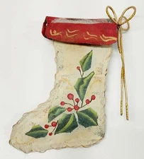 VTG Mistletoe Stocking Ornament Mesh Hand-Painted Gold Wire Glitter Rustic Gift