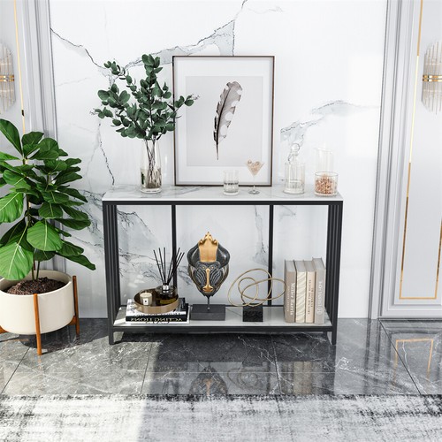 WISFOR 2 Tier Sofa Console Table Bedroom Table w/ Sintered Stone fr Entry Home - Picture 10 of 12