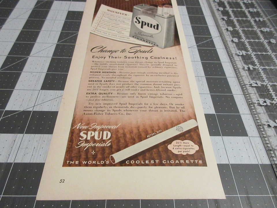 1942 Spud Imperials Ментол Сигареты, Боль в Горле? Винтажная печатная реклама - Изображение 3 из 3