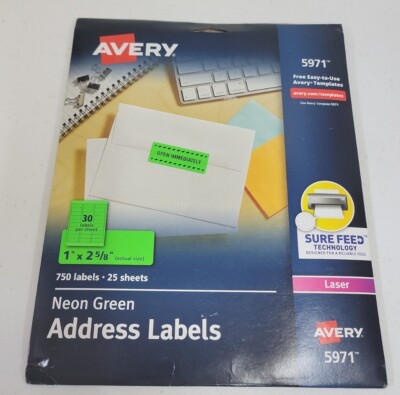 AVERY 5971 Laser Address Labels 1 x 2 5/8 Neon Green 750/Pack