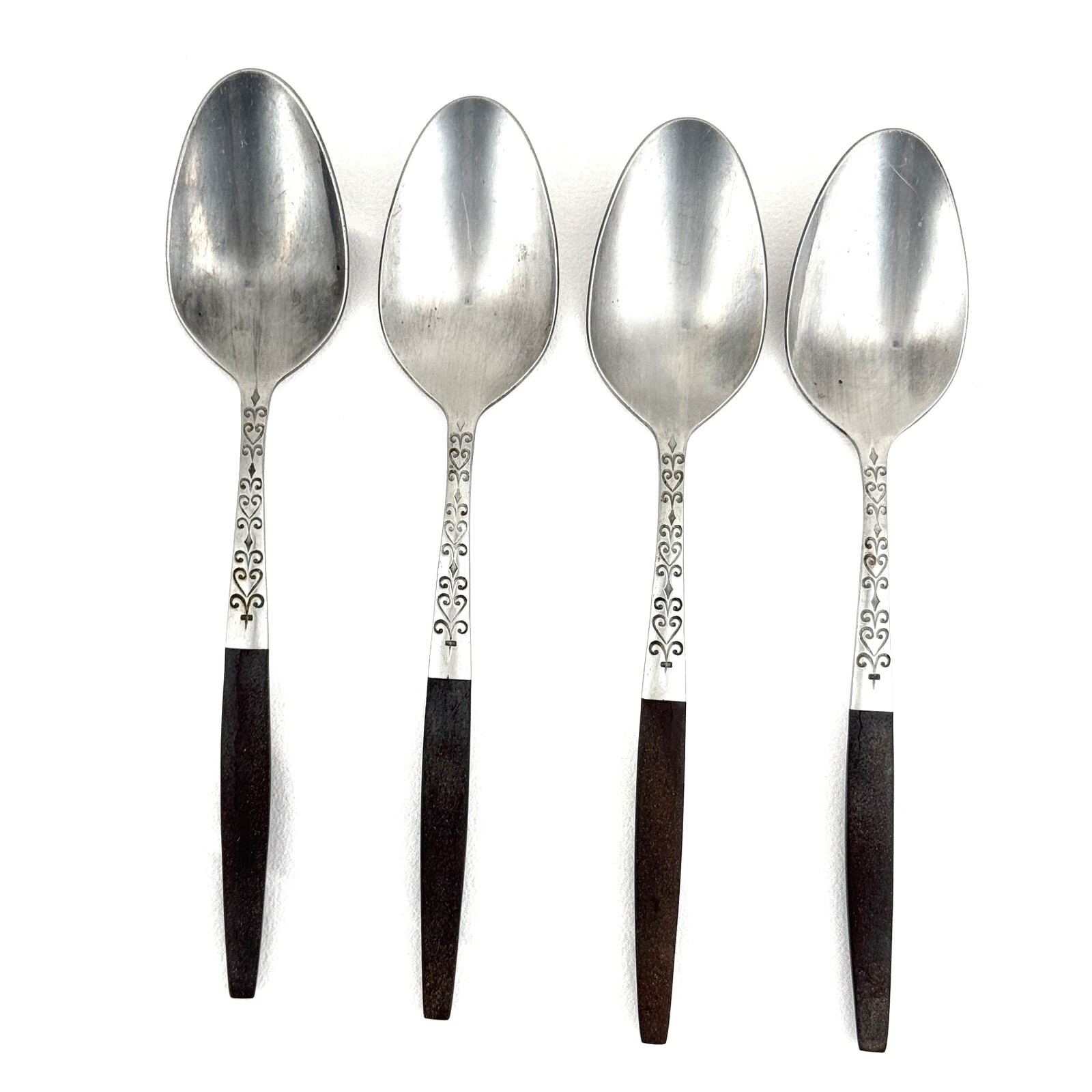 4 Interpur INR2 Soup Spoons SS + Brown Synthetic Handles w Cracks Lot #186