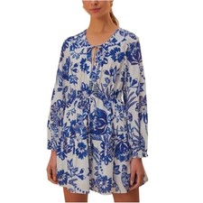 Farm Rio Flowerful Birds Blue and White Floral Swiss Dot Mini Dress Large