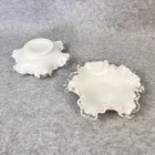 2 Vintage Fenton Silver Crest White Milk Glass Candy Dish Bowl Clear Ruffled Rim