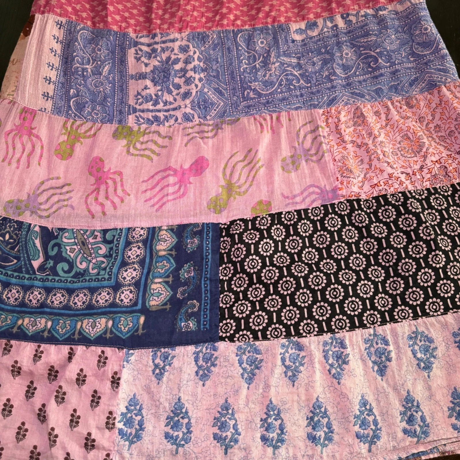 Cottage Gypsy Patchwork Boho Maxi Skirt Pink Purple Floral Tiered Festival S/M