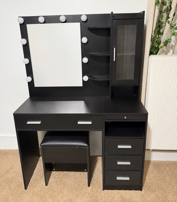 Black Vanity Set 40x18x60 w/ Lighted Rectangular Mirror, Stool, 4 Drawers
