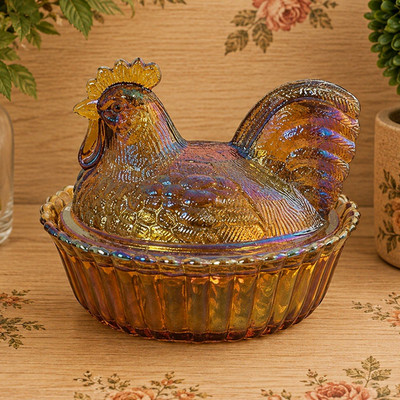 Westmoreland by Rosso Amber Carnival Glass Chicken Hen on Nest