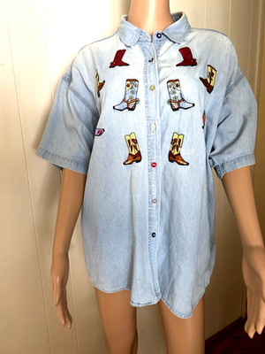 VTG  AtLast Authentic Shirt Denim Boot Embr Cowboy Cowgirl Cotton America Best L