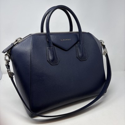 Givenchy Antigona Silver Hardware Shoulder Bag Medium Navy Blue Leather