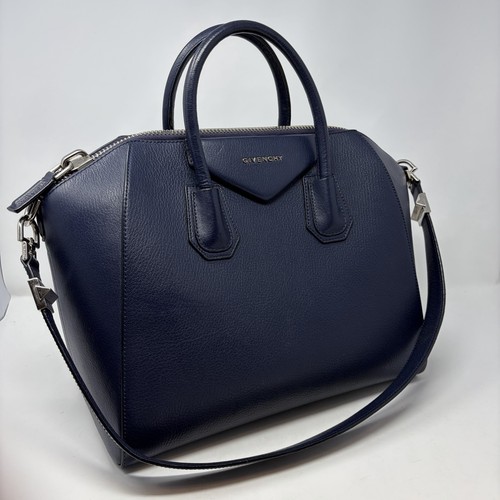 Givenchy Antigona Silver Hardware Shoulder Bag Medium Navy Blue Leather